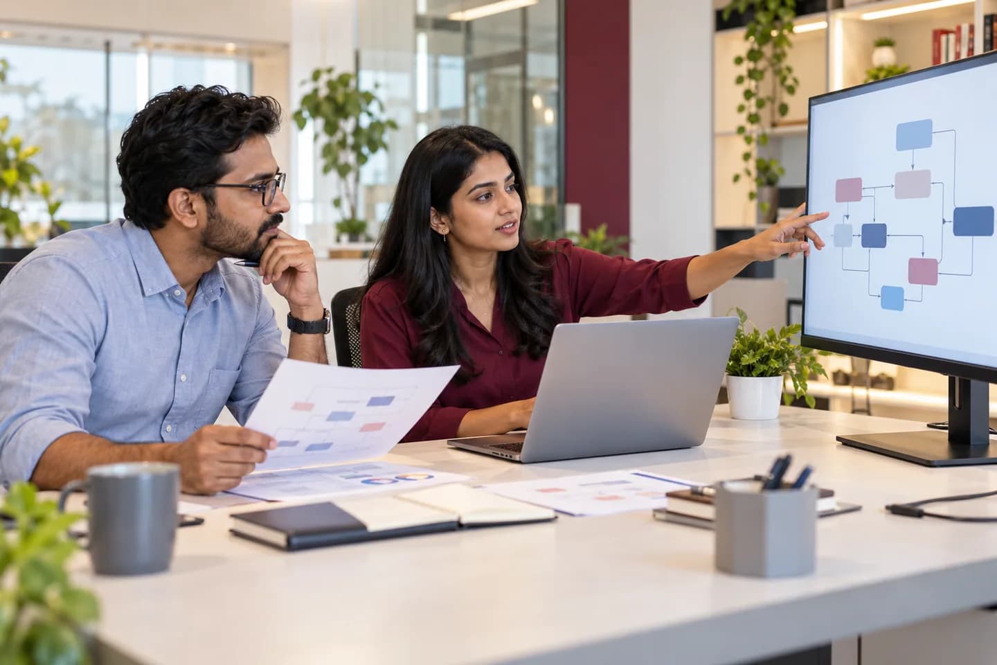 Illustrative scene of consultants mapping an AI workflow