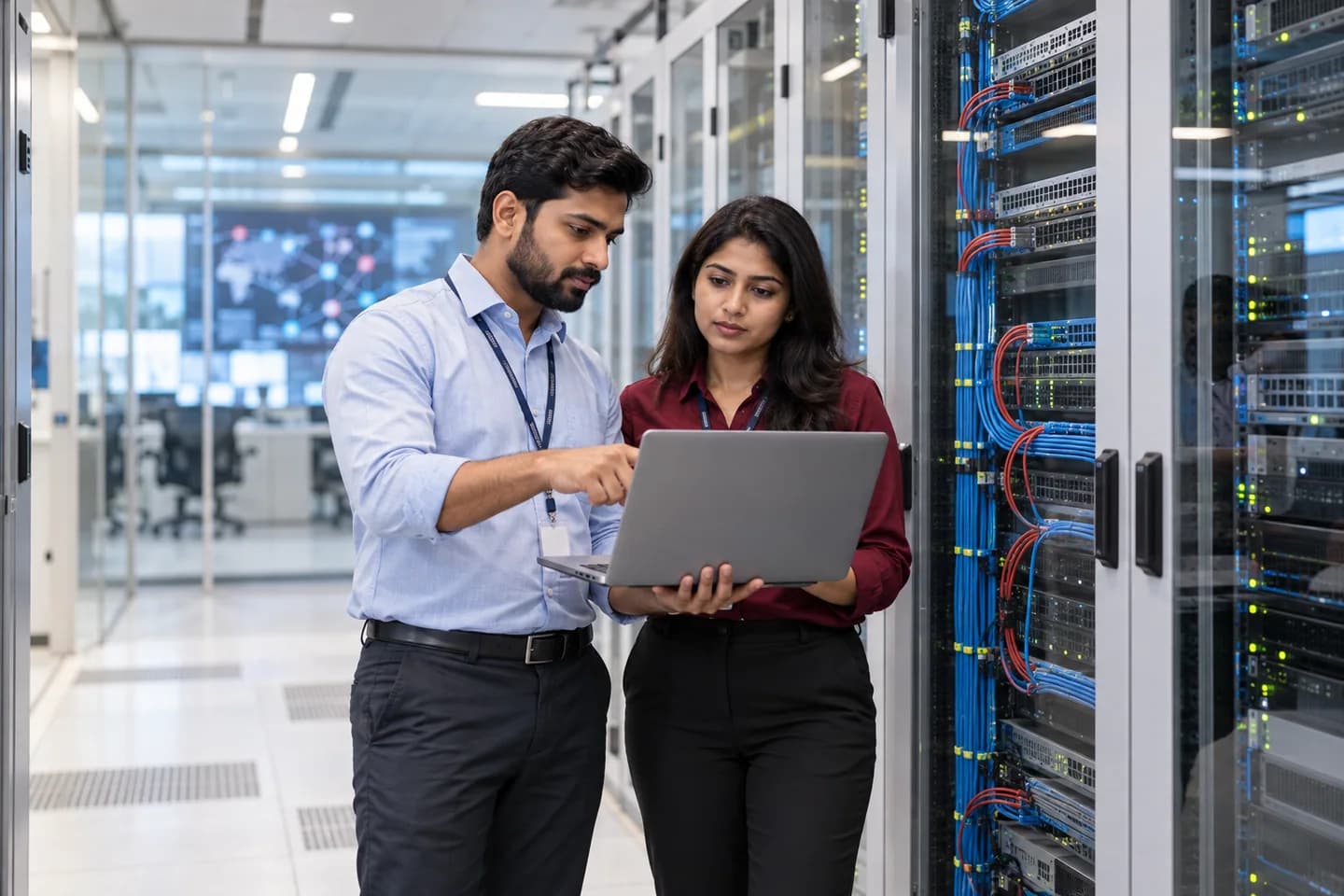 Illustrative specialists reviewing connected business infrastructure