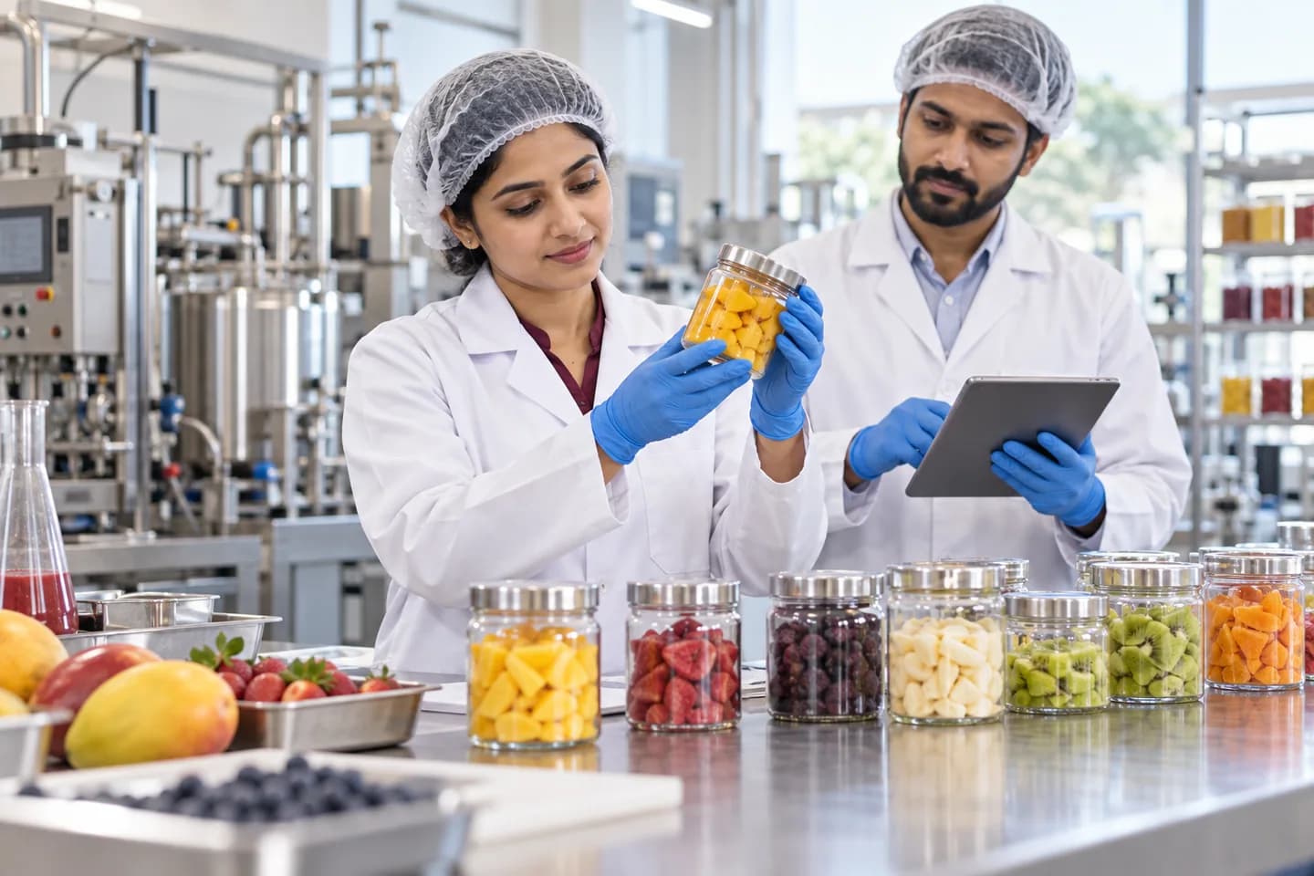 Illustrative product development team reviewing laboratory samples