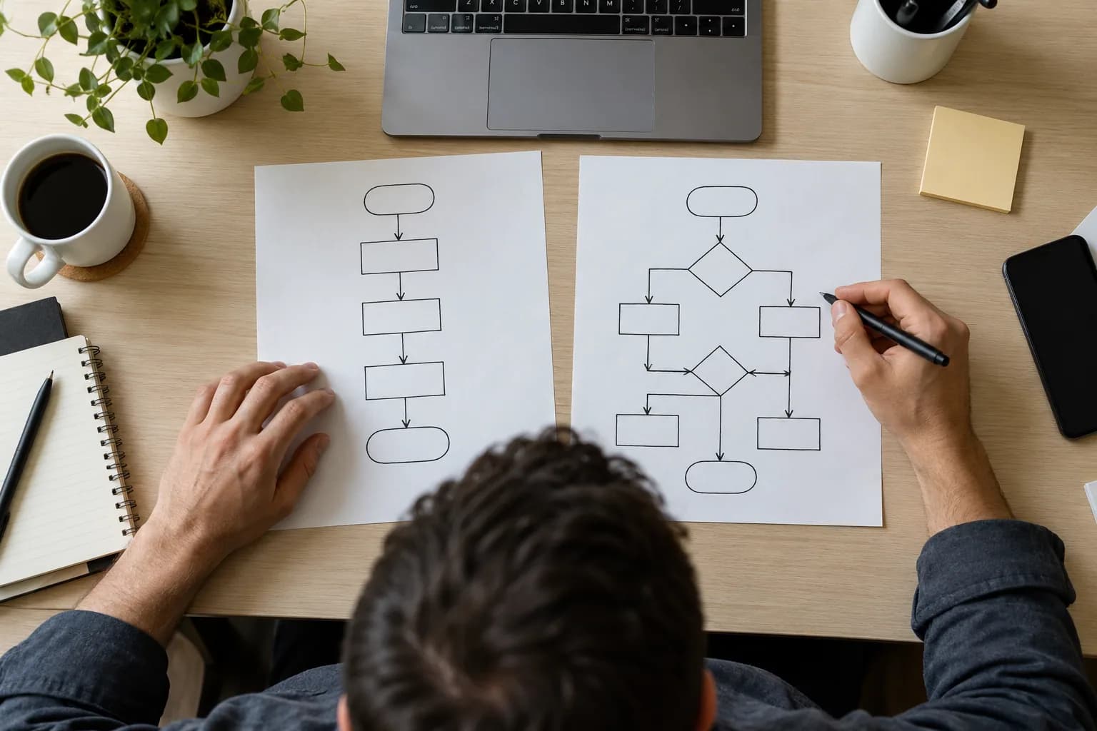 Software architect comparing two hand-drawn process flows on paper at a tidy light desk, laptop in background