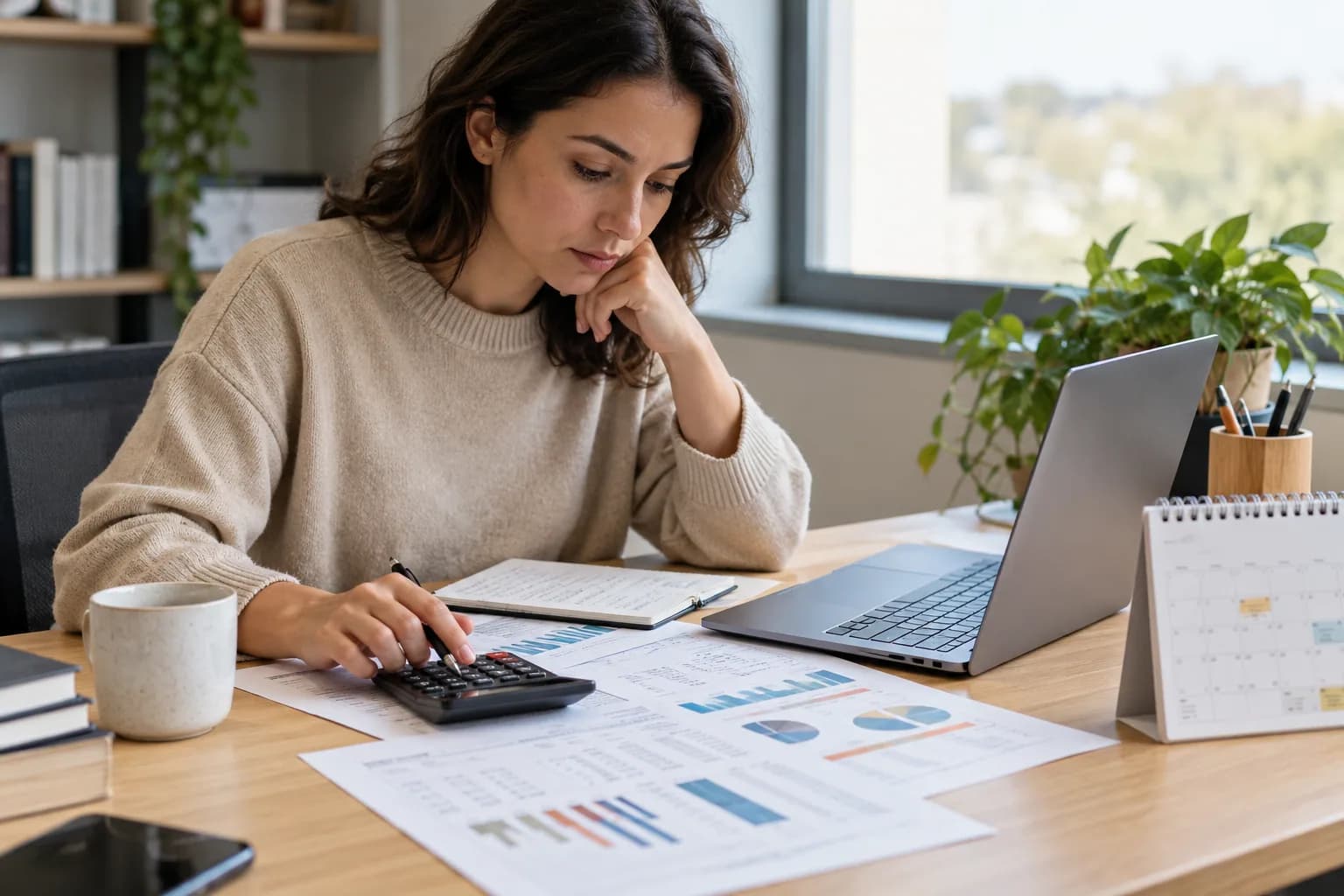 Operations finance analyst assessing an automation maintenance budget with calculator, laptop and calendar on a light oak desk