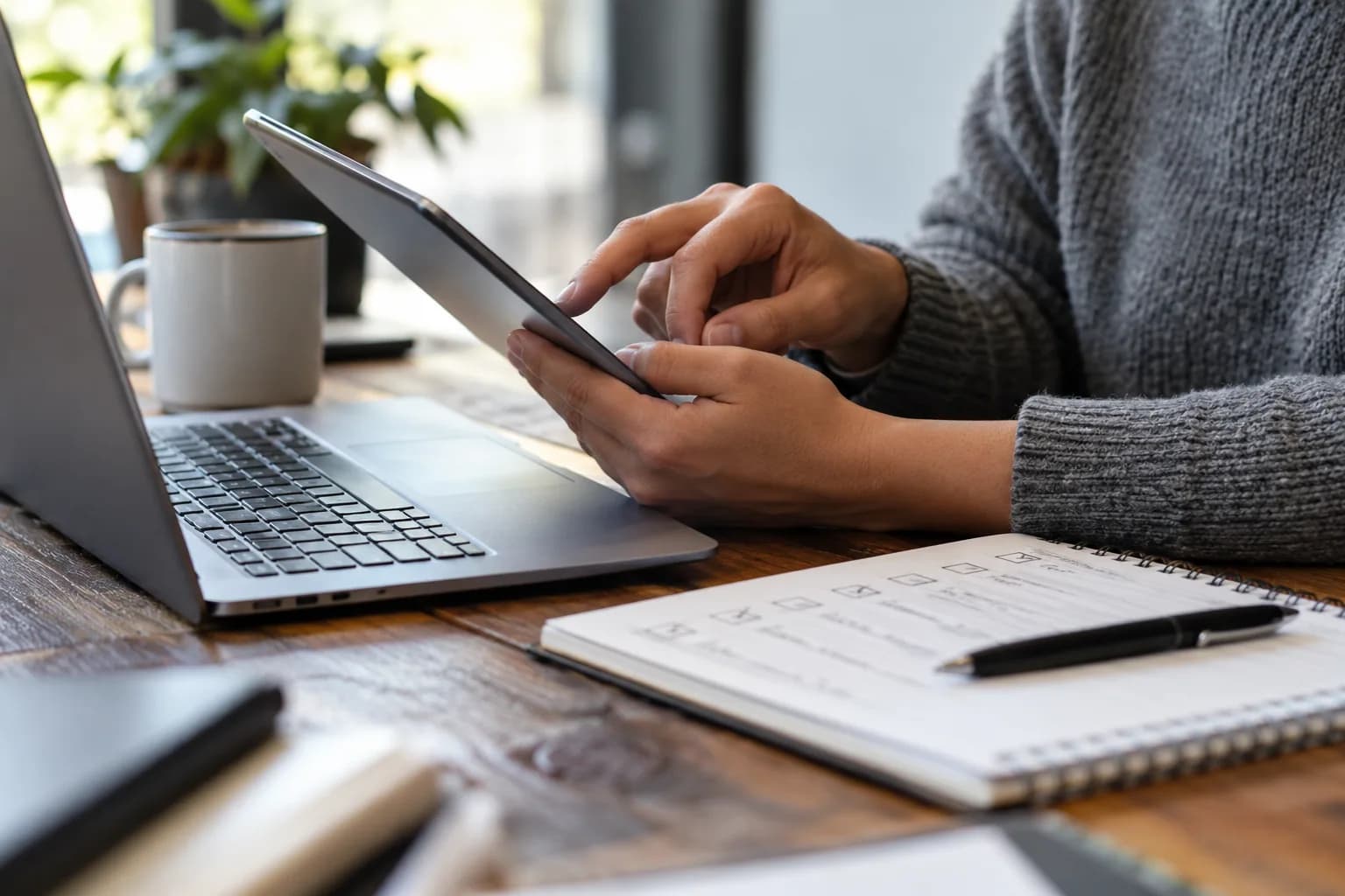 Operations reviewer carefully confirming a task on a tablet beside a laptop and paper checklist