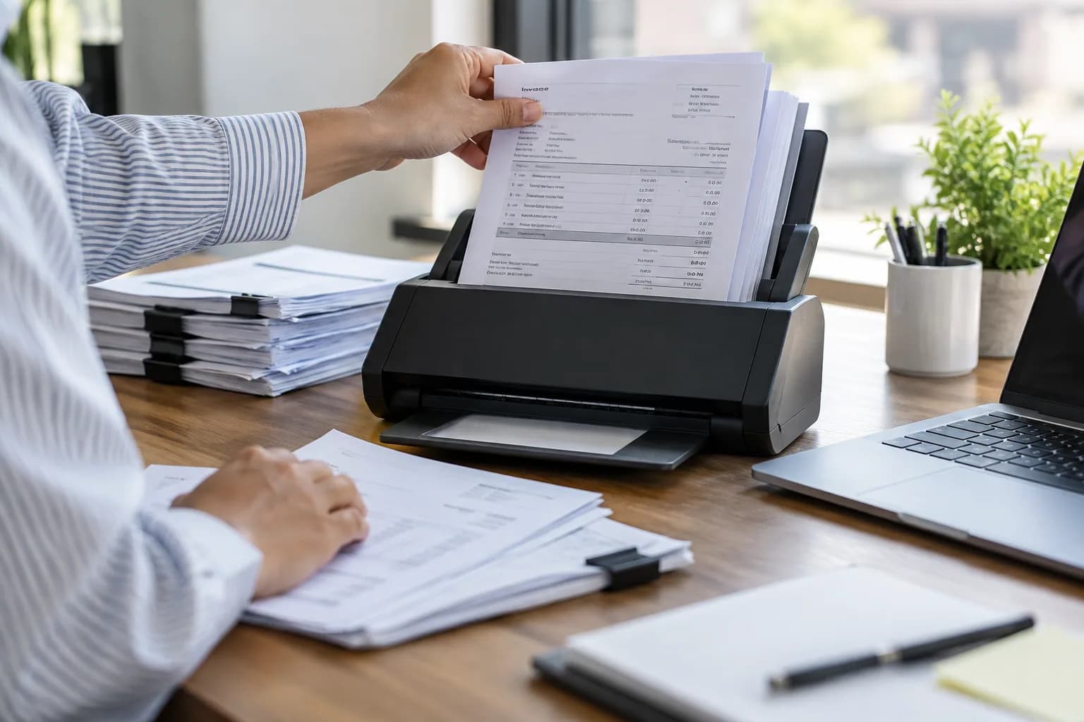 Office professional feeding neatly ordered paper invoices into a compact document scanner beside a laptop, clean daylight workspace