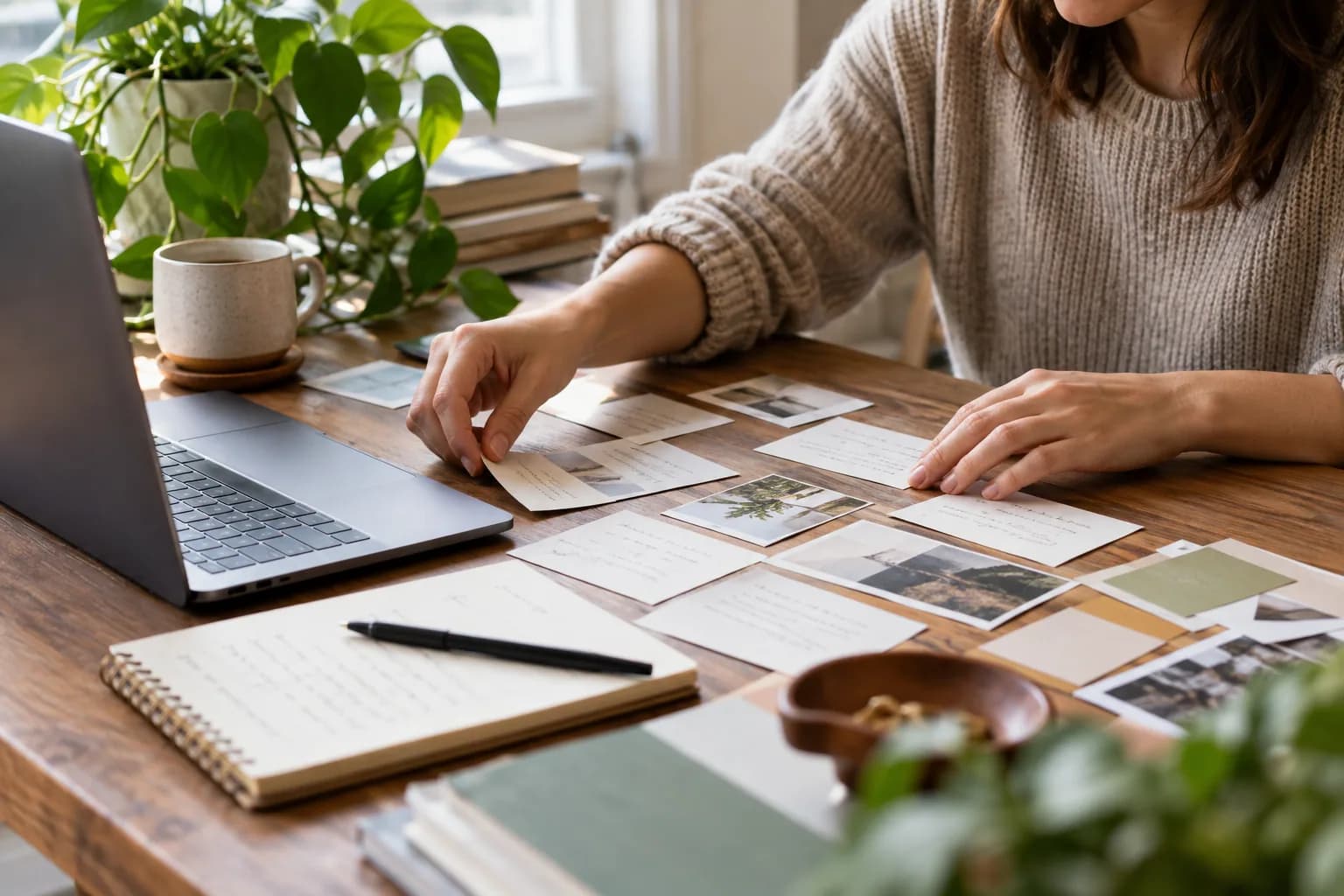 Editorial writer at a creative desk arranging research cards beside a laptop, a green houseplant and cream notepad