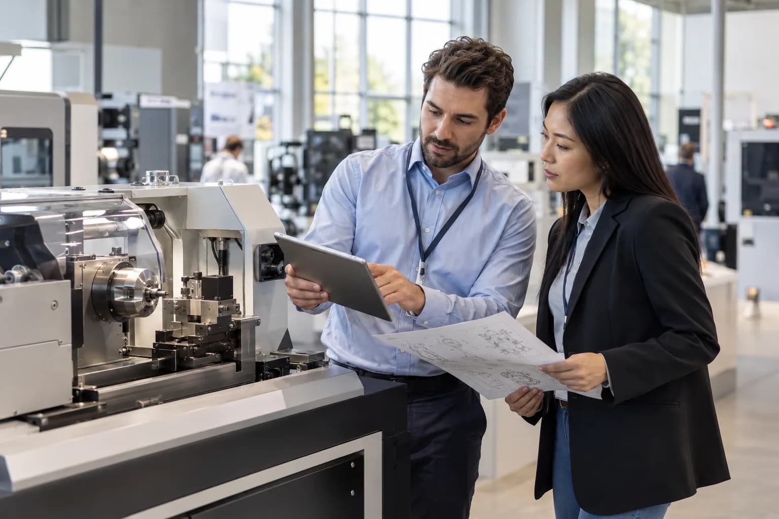 Two manufacturing engineers examine a small precision machine on a showroom floor while reviewing a tablet and technical specification sheets,