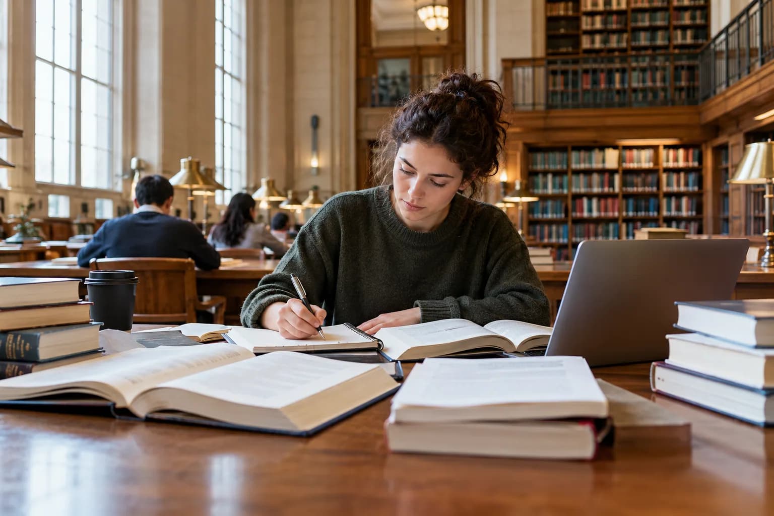A specialist journalist researching with several open books, a notebook and laptop at an airy university-style reference library table