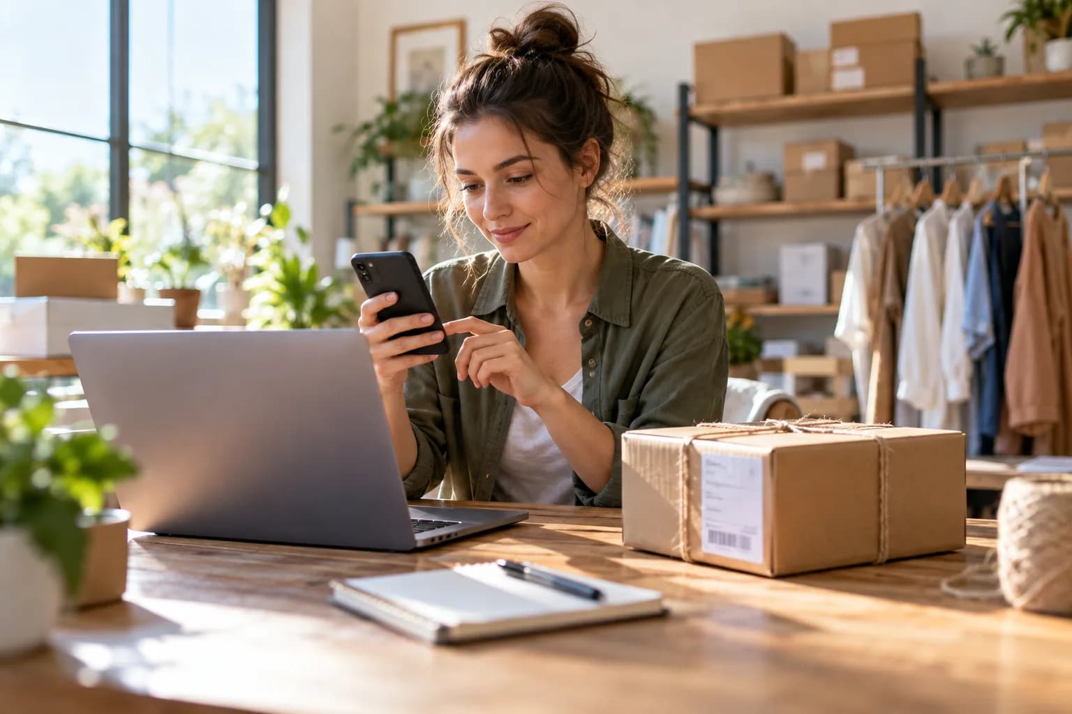 Small ecommerce entrepreneur checking a product checkout on a smartphone beside a laptop and carefully packed cardboard parcel, sunlit workspace