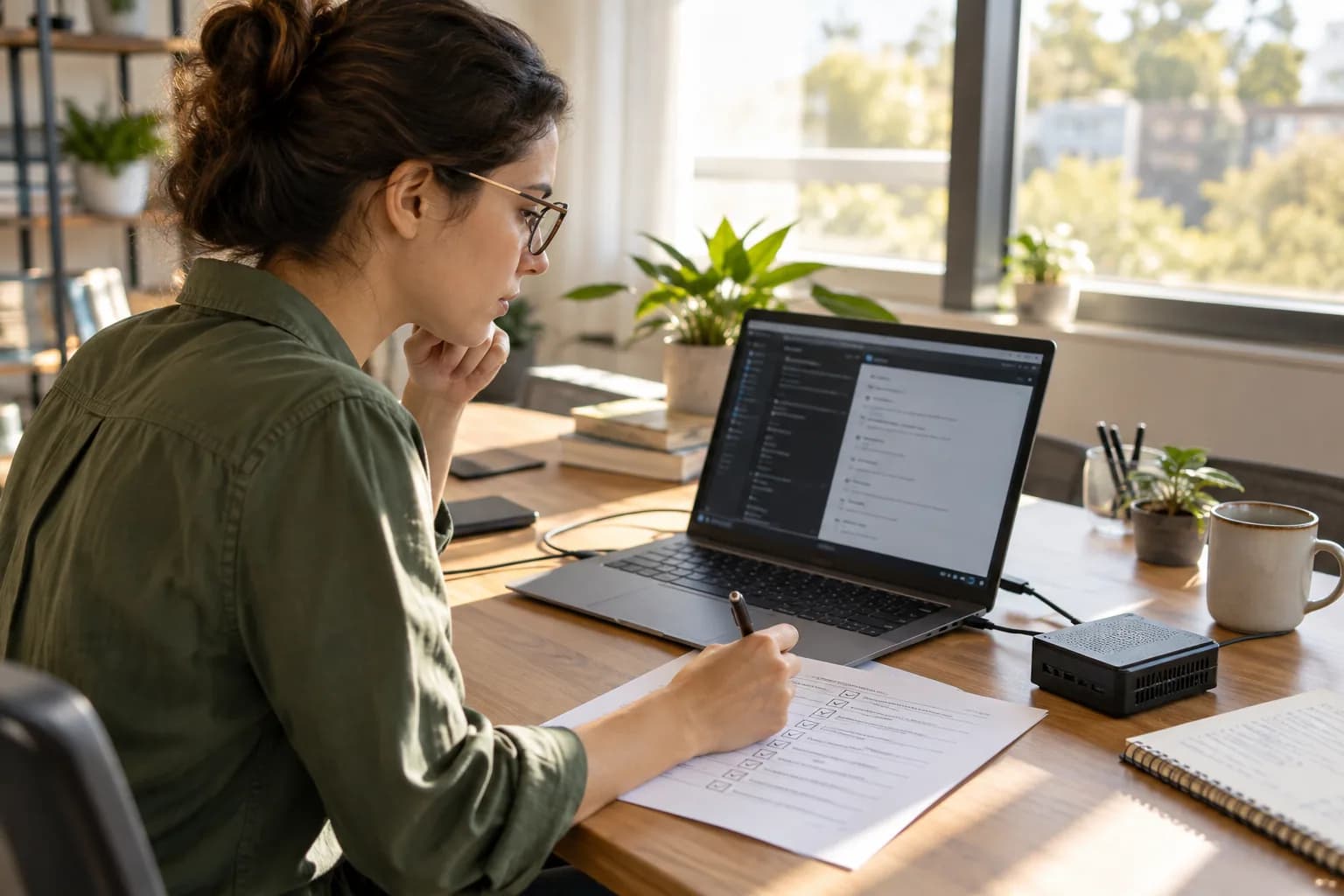 Quality assurance engineer checking an AI software prototype on a laptop with a paper evaluation checklist and small test device at a sunlit desk