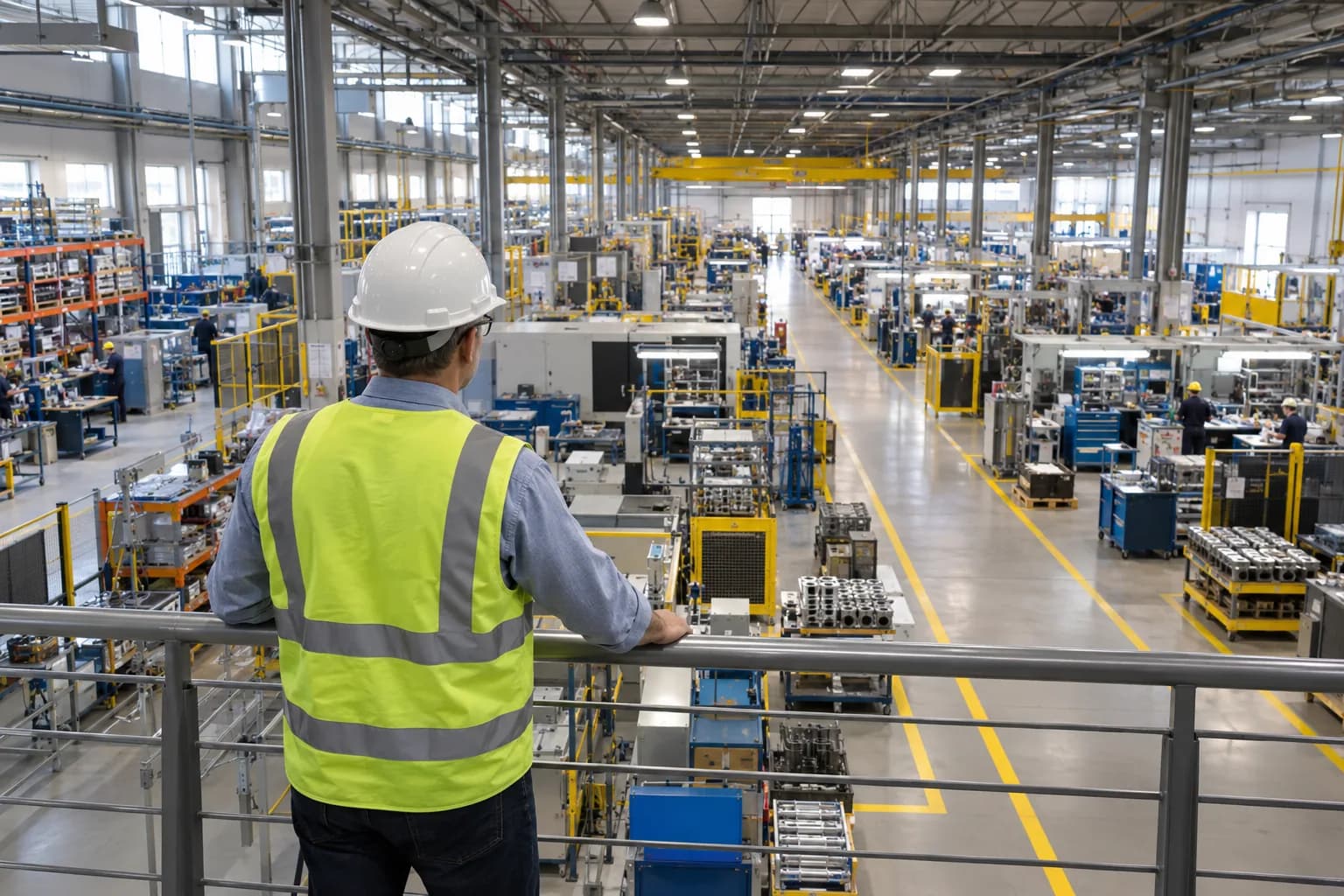 Industrial engineer in a safety vest standing on a mezzanine overlooking clearly organized production stations and yellow floor walkways, wide