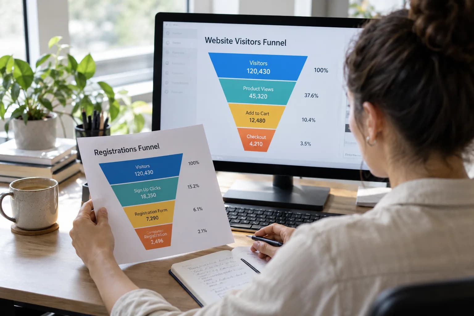Marketing analyst comparing two distinct funnel charts on a desktop monitor and a printed report, bright studio workspace