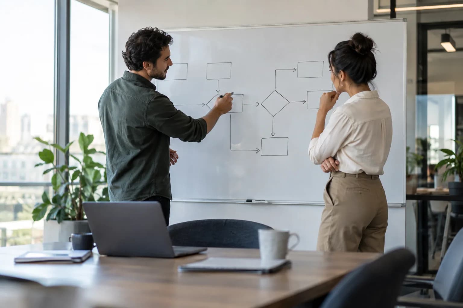 AI consultant and operations manager reviewing a simple process map drawn on a whiteboard in an airy conference room