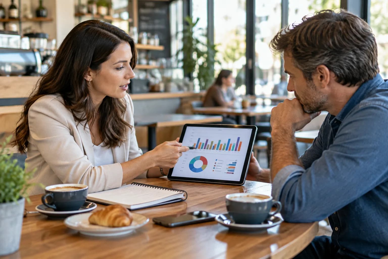 Digital marketing consultant presents a campaign campaign performance chart on a tablet to a small business owner across a bright cafe table