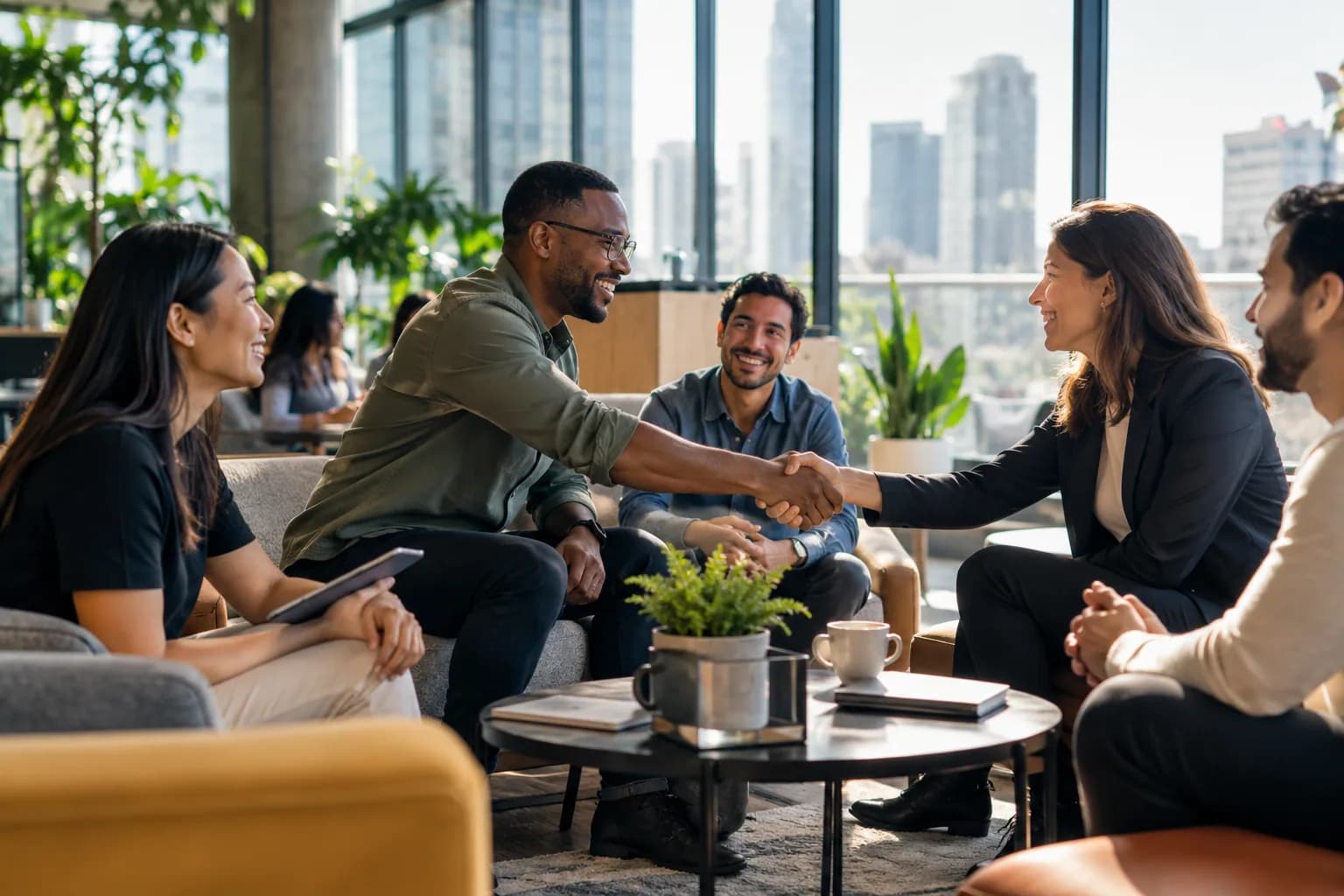Diverse independent professionals greeting each other in a bright modern business lounge, approachable global expertise marketplace mood