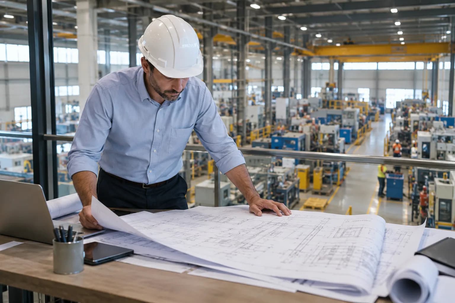 Industrial project consultant wearing a clean white hard hat studies large factory floor drawings at a drafting desk overlooking a modern production