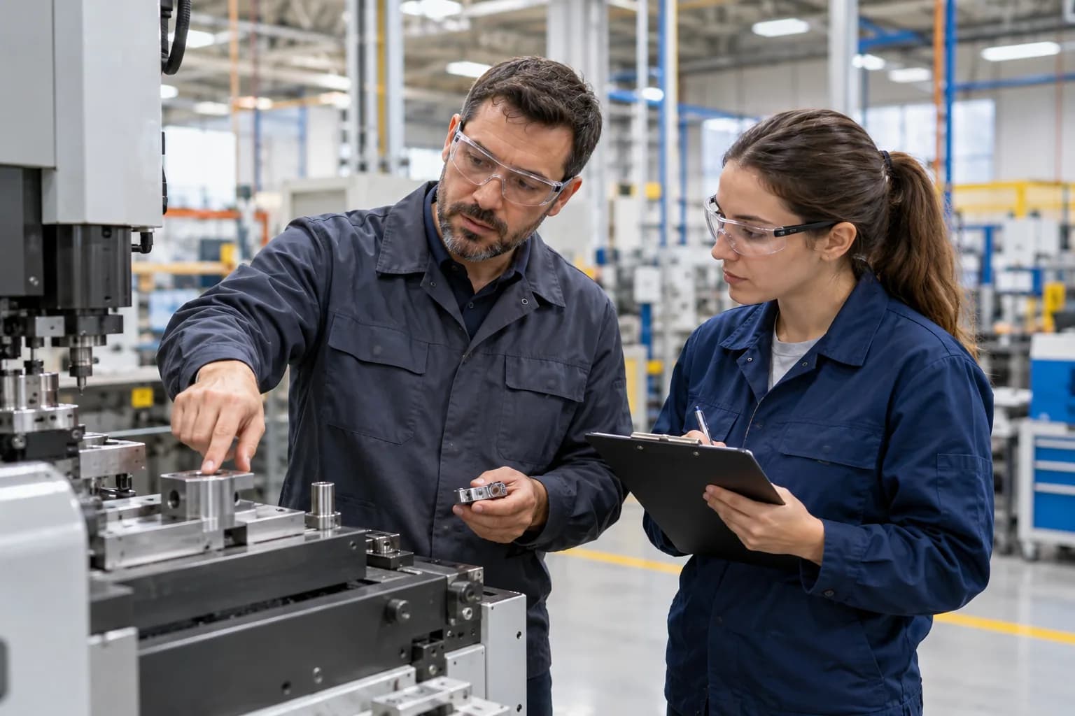 Manufacturing supervisor in safety glasses demonstrates a simple inspection step beside clean machinery while a technician checks a clipboard, bright