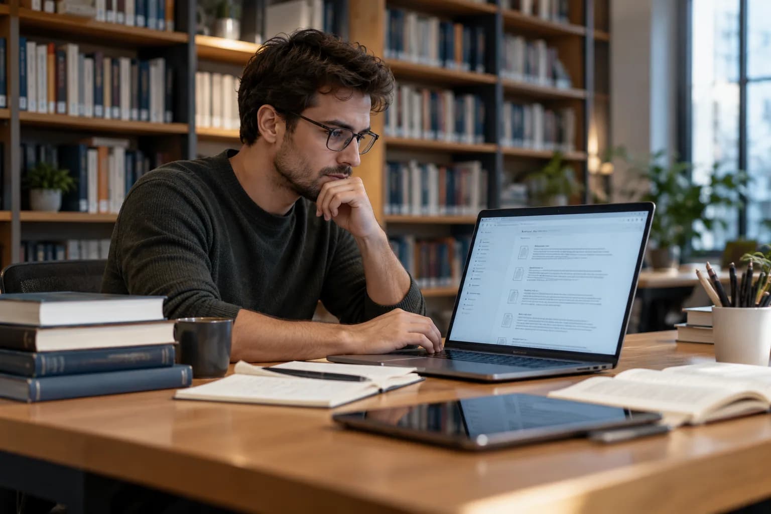 AI engineer studies a laptop with a document retrieval interface, a neat stack of reference books and digital tablet on the desk