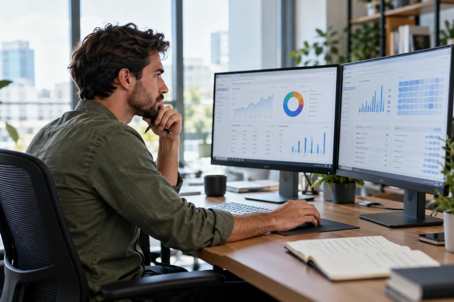 An SEO specialist examines website audit visualizations on two desktop screens, technical charts