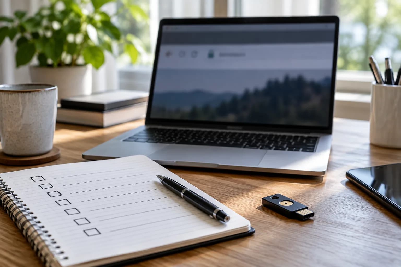Close editorial view of a web administrator's desk with laptop browser address bar , checklist and a small security token