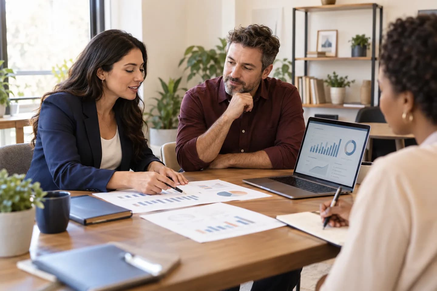 Illustrative finance consultant reviewing cash-flow reports with business owners