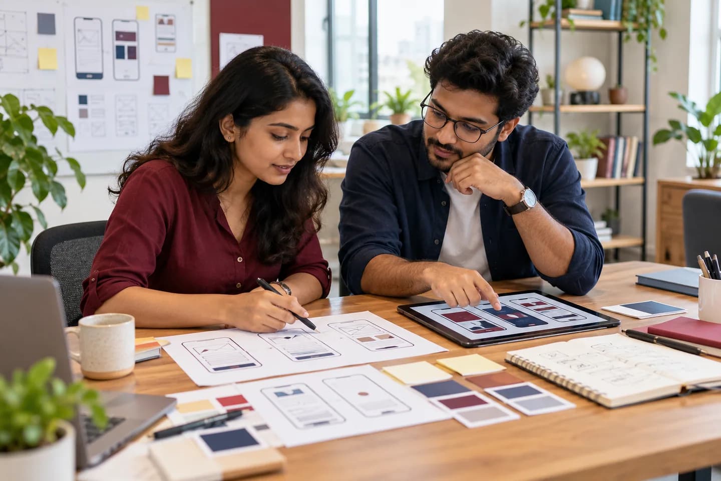 Illustrative designers discussing visual layouts and reusable design elements