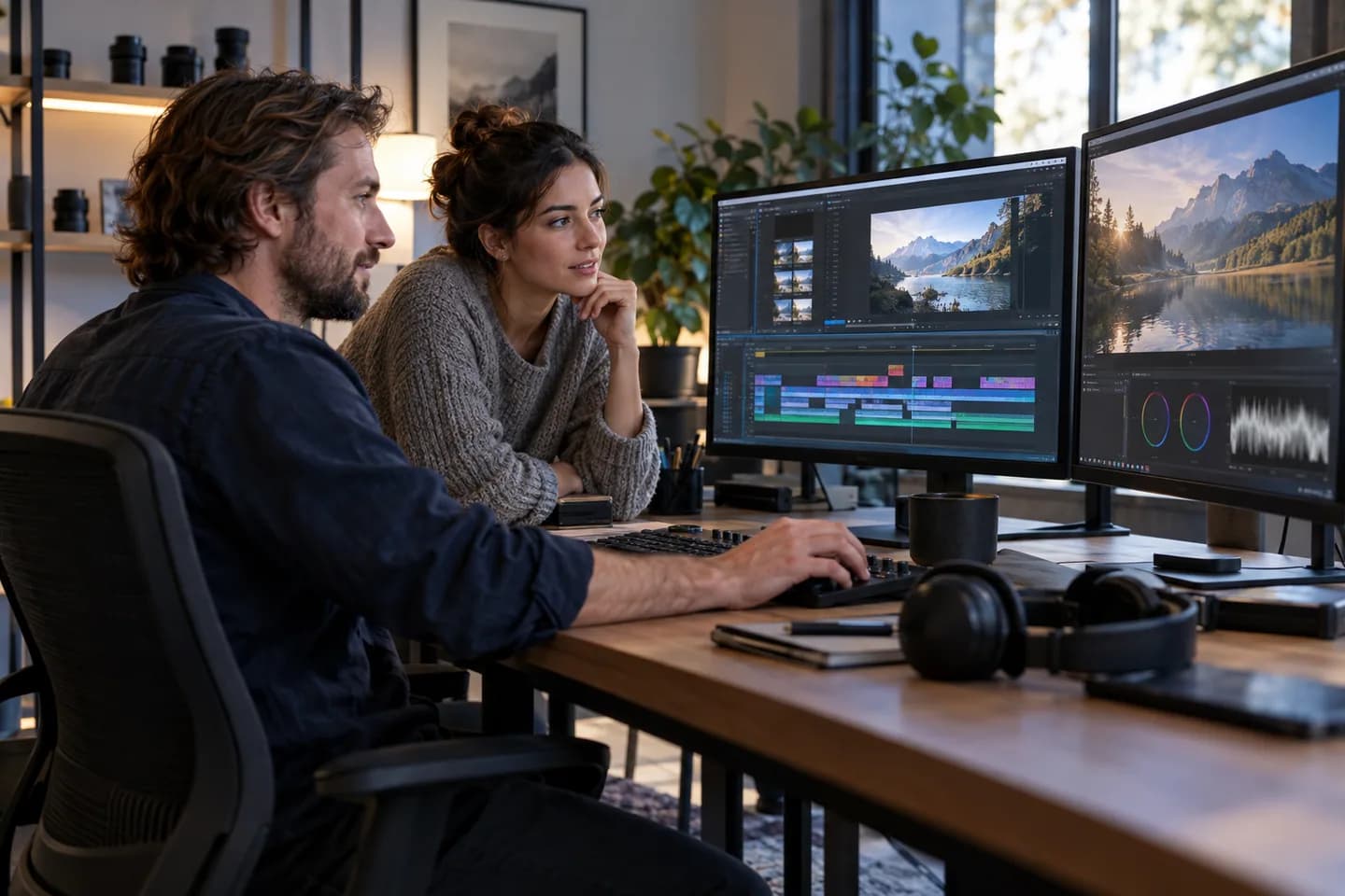 Illustrative video editor and producer reviewing a timeline in a post-production studio